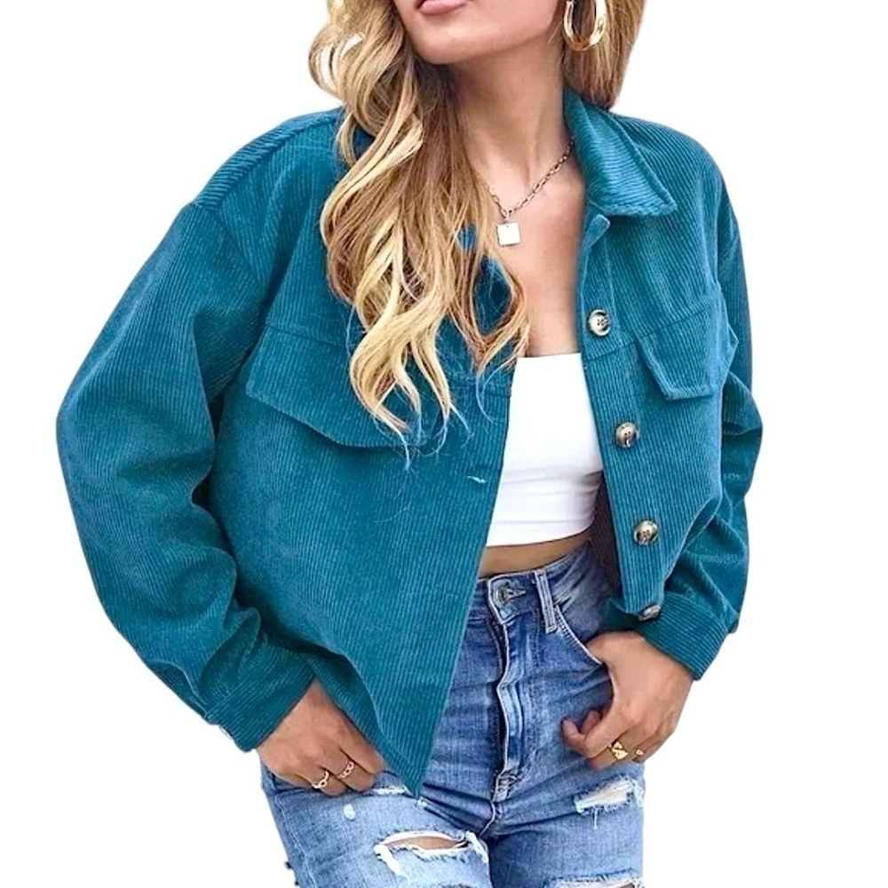 NWOT ANTHROPOLOGIE x AVEC LES FILLES Corduroy Crop Shacket M Blue